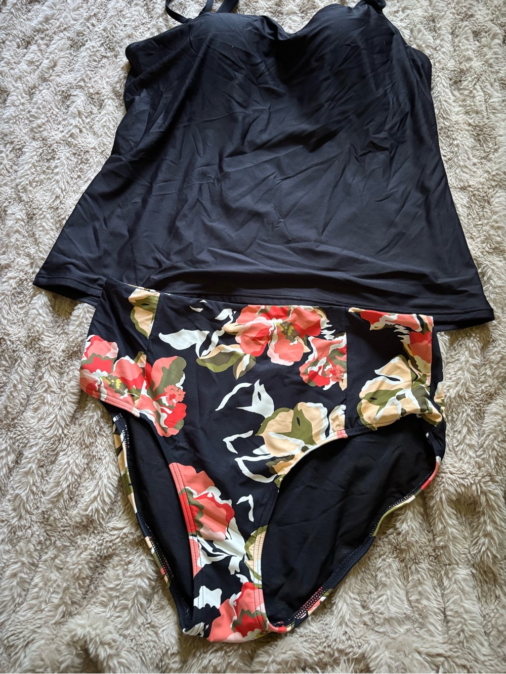 Black Tankini Set with Coral Floral High-Waist Bottoms